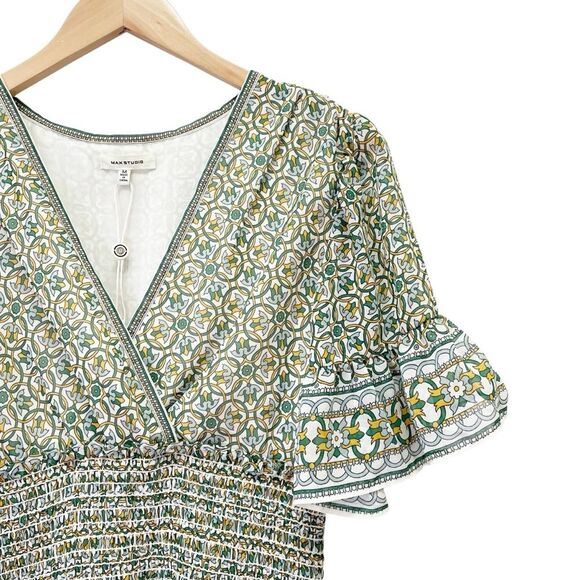NWT Max Studio Tiered A-Line Flutter Sleeve Dress Cream Green Floral Size Medium - Picture 5 of 14